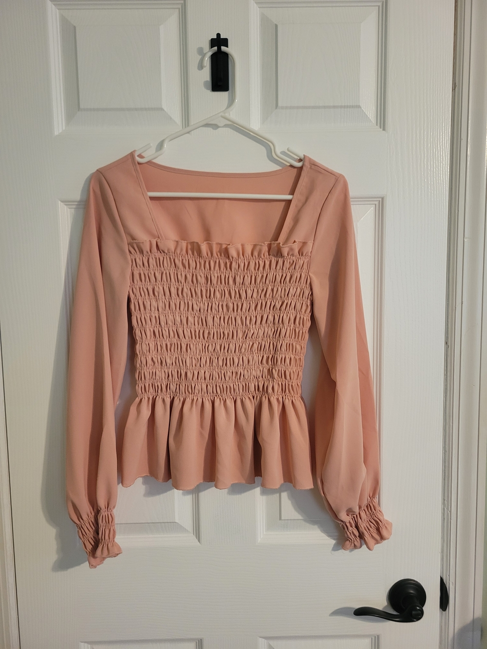 Smocked Square-Neck Long-Sleeve Top - Blush Pink